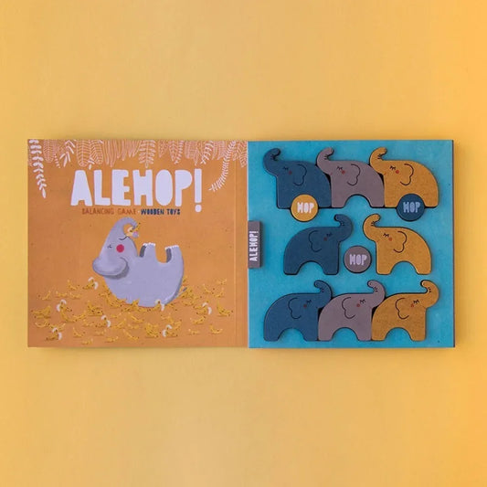 Kinderbuch Alehop! mit einem Elefanten-Puzzle von Alehop Wooden Toys