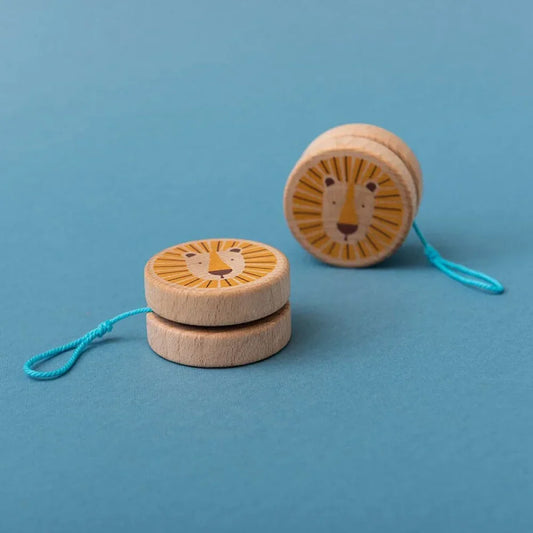 Holz-Yoyos mit Löwengesicht-Designs und blauen Schnüren im Produkt Animals YO-YO