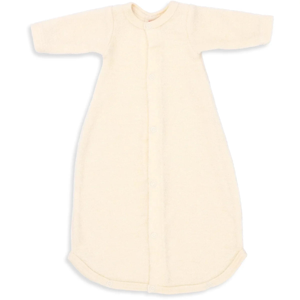 Creamfarbener baby schlafsack aus merino wollfrottee mit langärmeln und knopfverschluss vorne aus weichem stoff