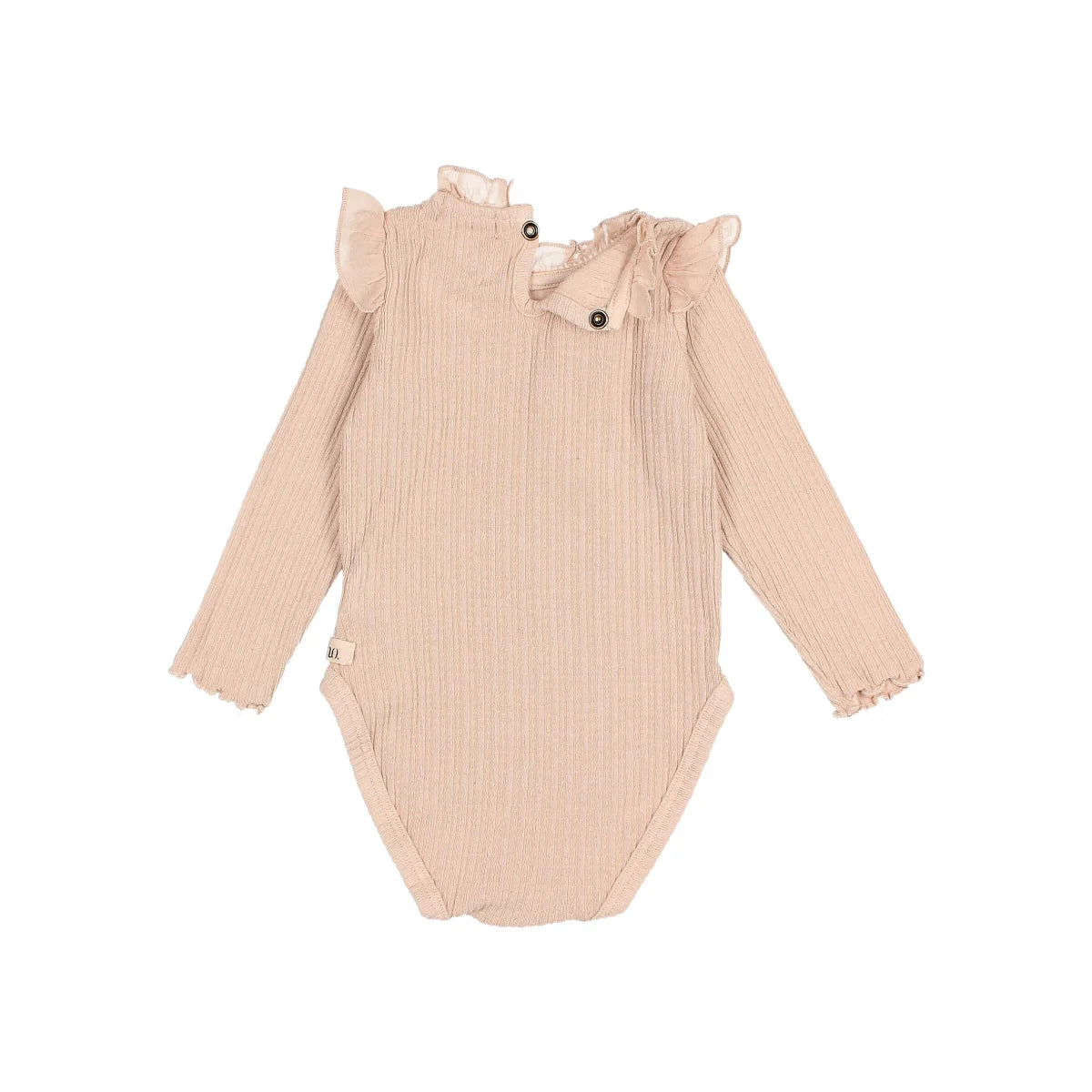 Beige gestreifter Langarm-Babystrampler mit Rüschendetails, ideal für kalte Tage