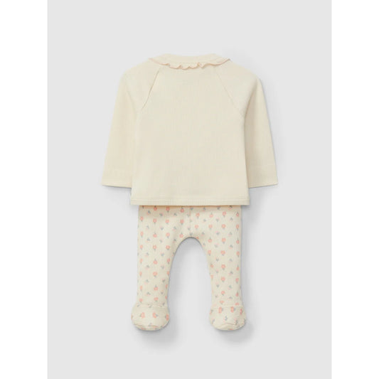 Babyset ribbed 3-teilig mit rüschigem Kragen und Fußhosen im floralen Design