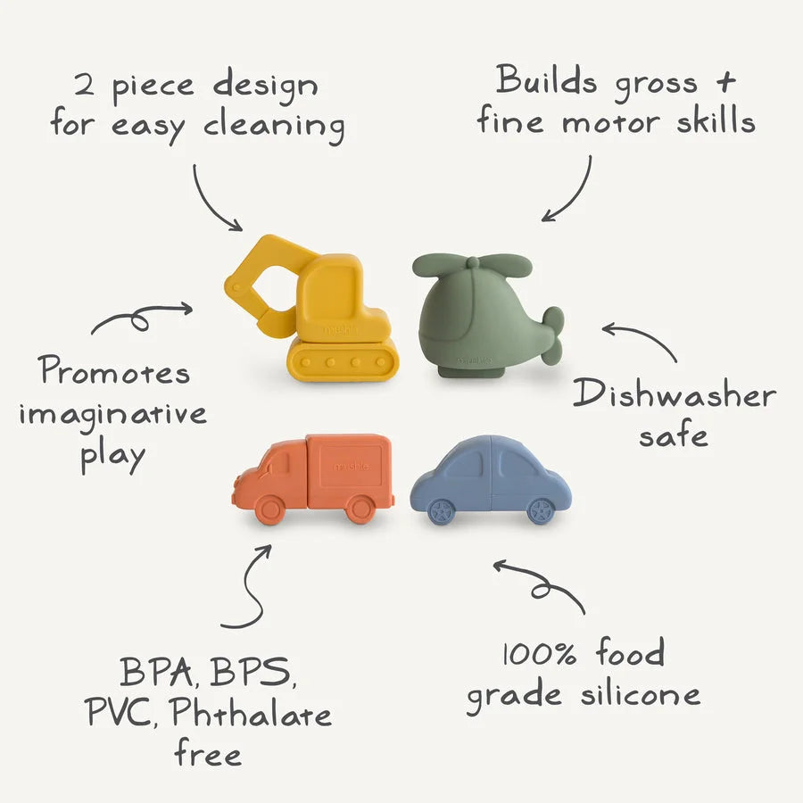 Farbige Silikon-Babyt toys Set mit Fahrzeugen und Baumaschinen, schimmelresistent