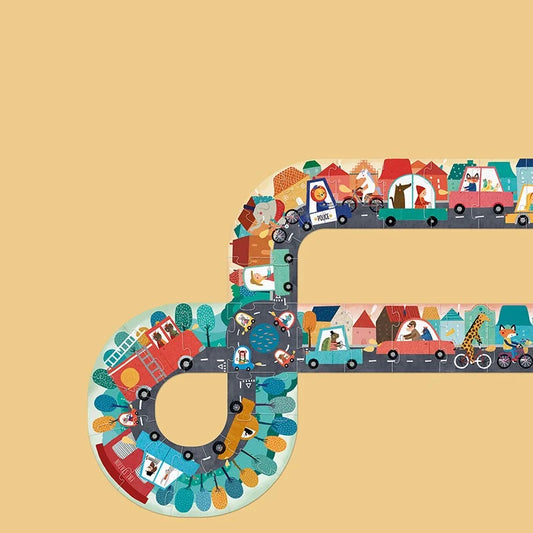 Spiralförmige Straße mit bunten Autos und Häusern in Form von einem Schlüssel für Beep, Beep! Puzzle