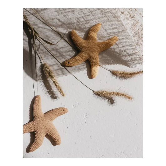 Sternförmige dekorative Objekte neben getrockneten Pflanzenstängeln in Taupe