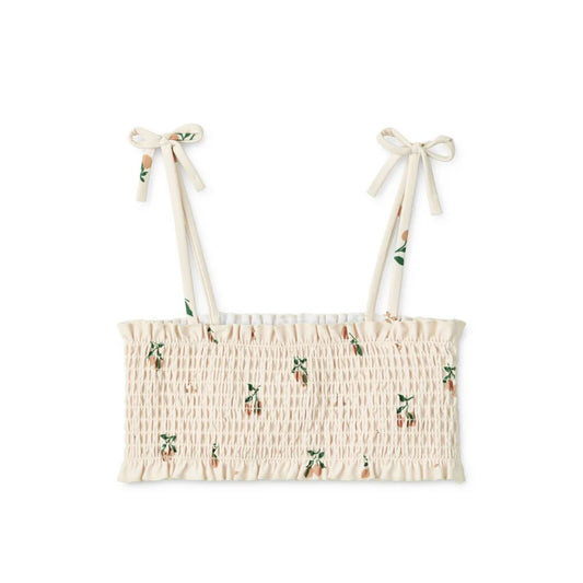 Cremefarbener, gesmokter Crop-Top mit floralen Stickereien und Bindebändern