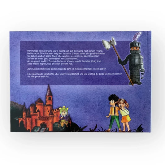 Farbige Buchseiten mit Schloss, Figuren und Roboter-Ritter in Eluris und der Kristall