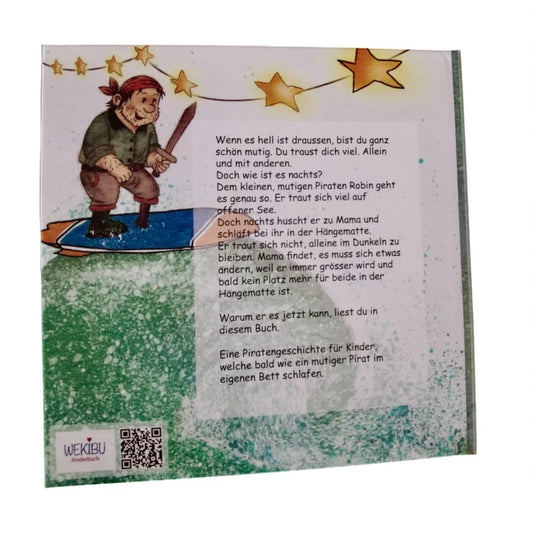 Kinderbuch mit Piratenillustration aus dem Bilderbuch Im eigenen Bett schlafen Robin kann das