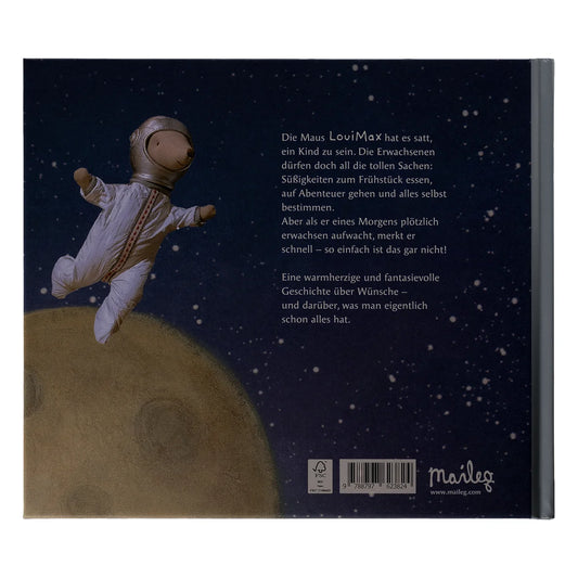 Ein plüsch-teddybär astronaut in einem weißen spacesuit mit goldenen akzenten schwimmt über dem mond bilderbuch louimax ökologische baby- & kinderprodukte