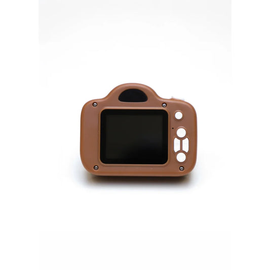 Braune Digitalkamera mit quadratischem LCD-Bildschirm und minimalen Bedienelementen