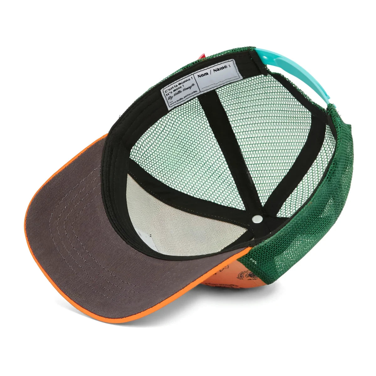 Grüner und orangefarbenen trucker cap von inkee mit mesh-rückseite, schwarzem verstellbarem riemen und türkisfarbener schnalle