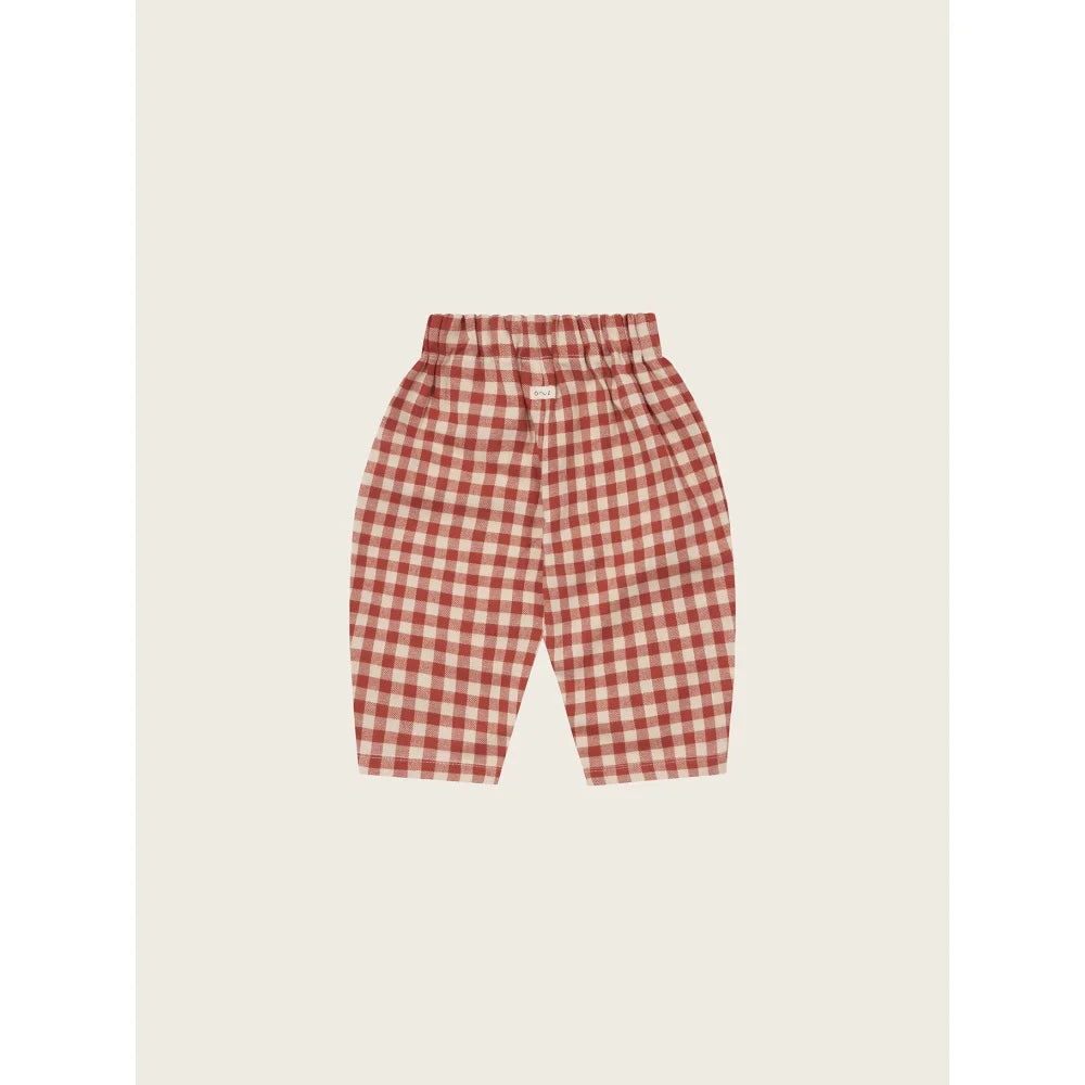 Rote und elfenbeinfarbene Gingham-Babyhosen mit elastischem Bund, Carrot Pants Paprika Gingham