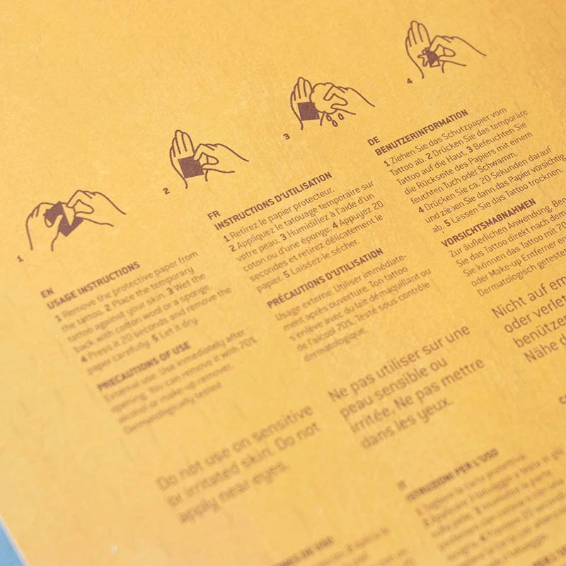 Temporary Tattoo Anleitungen in mehreren Sprachen für Cats Tattoos