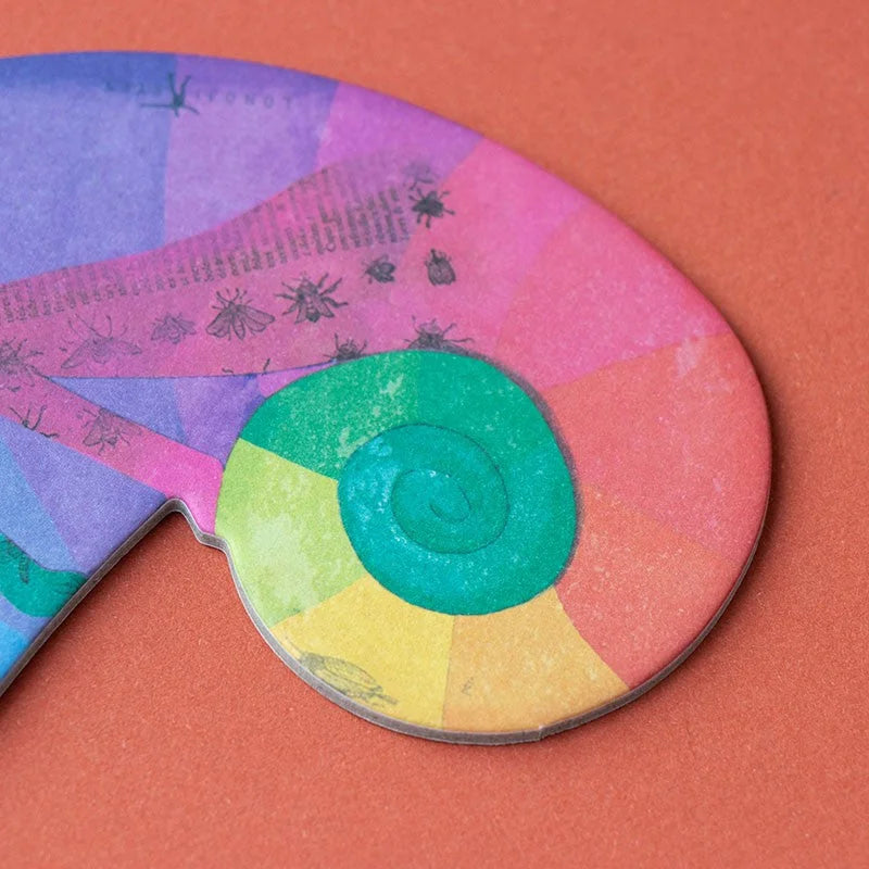 Bunte Papierschablone Chameleon Big Eye mit grüner Spirale und Farbfeldern