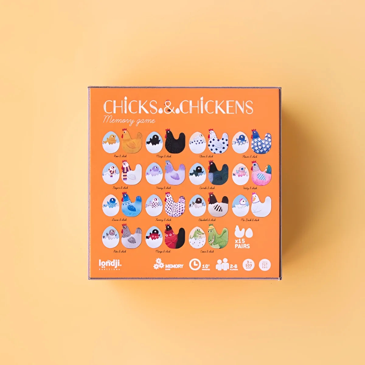 Spieleschachtel mit dem Titel Chicks & Chickens, bunt illustriert mit Hühnern und Eiern