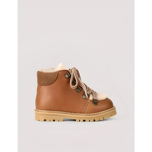 Kinder braune Leder- und Shearling-Winterstiefel mit Streifenbändern und Profilsohle