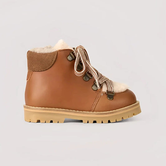 Kinder braune Leder- und Shearling-Winterstiefel mit Streifenbändern und Profilsohle