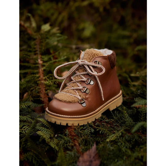 Braune Leder- und Faux-Fell gefütterter Wanderschuh mit Kontrastschnürung