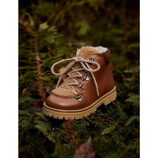 Braune Leder- und Faux-Fell gefütterter Wanderschuh mit Kontrastschnürung