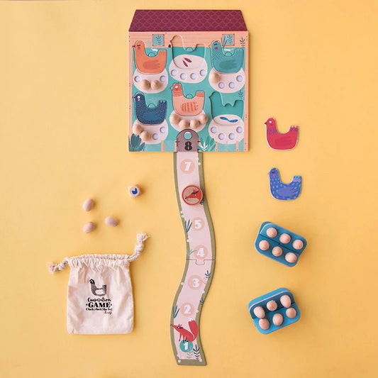 Brettspiel Cluck, cluck! The Fox! mit bunten Cartoon-Vögeln in aufsteigendem Pfad