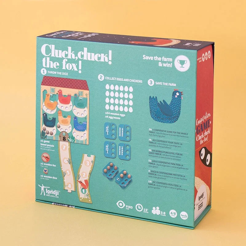 Brettspielbox Cluck, cluck! The fox! mit Türkis- und Korall-Design