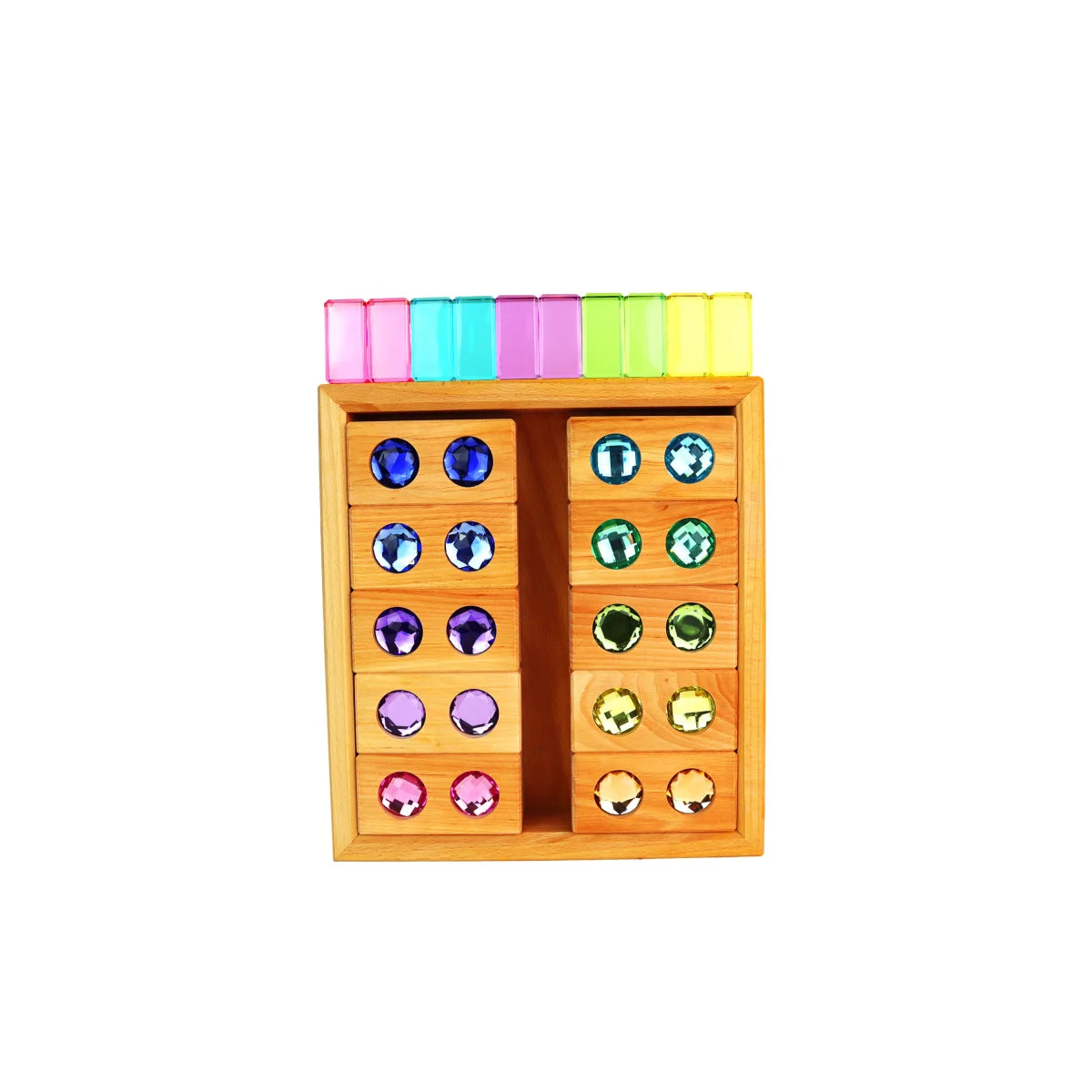 Holzspielzeugschrank mit bunten Luminous Blocks für das Colourstreet Pastel WHTI 30 Stk