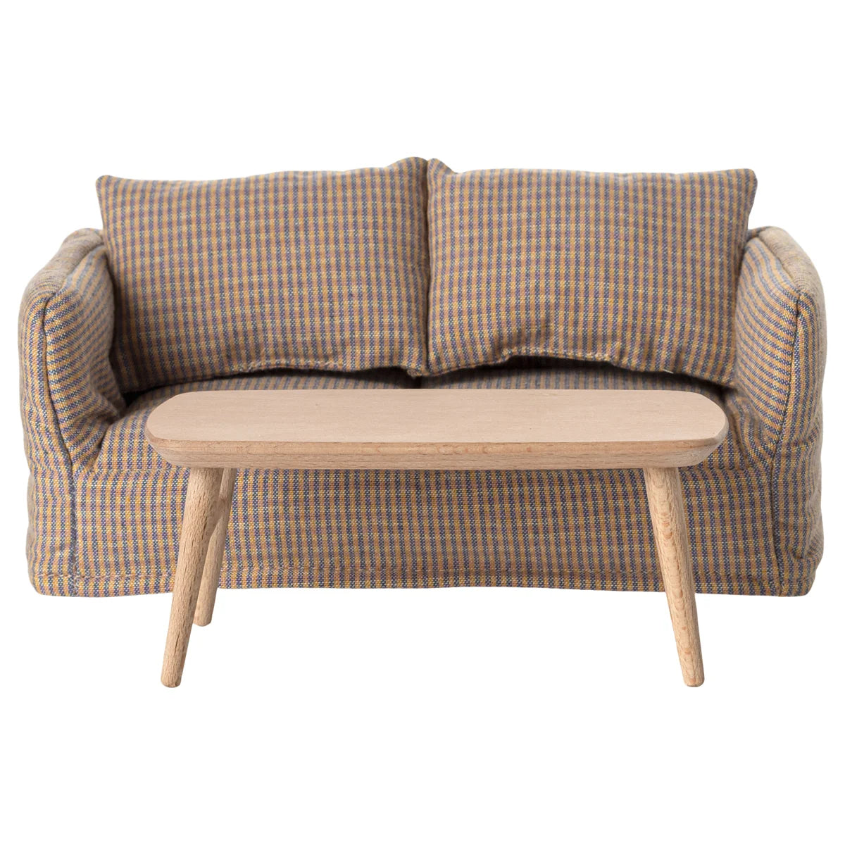 Zweisitziges Sofa mit zwei Rückenpolstern und hellem Holz-Couchtisch Natur