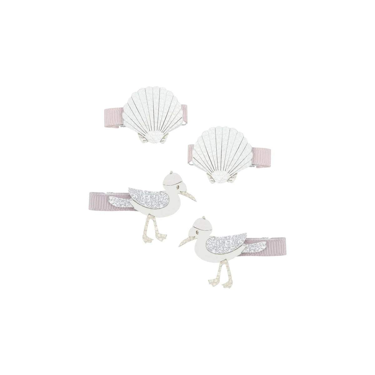Darling Harbor Haarklammern: 4 pastellrosa-silberne Möwen- und Muschelclips mit Glitzerflügeln