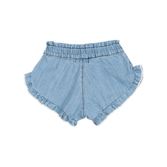 Blaue Denim-Rüschenshorts aus der Kollektion Denim Shorts für stilvolle Sommermode