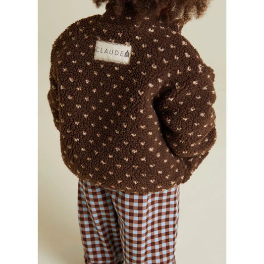Schokoladenbrauner Drew Spot Borg-Jacke mit Herz-Muster und Claude-Label