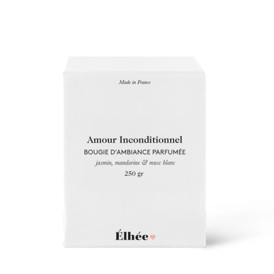 Duftkerze Amour Inconditionnel von élhée, weißer Karton mit Herzlogo