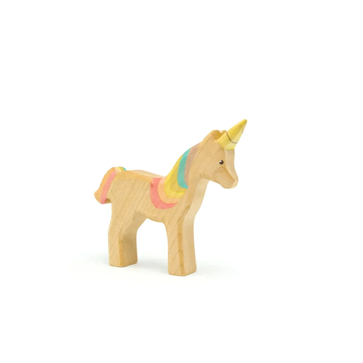 Kleines Holz-Einhorn Spielzeug mit Regenbogenmähne und -schwanz