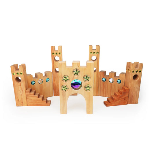 Holzspielzeug Burg mit bunten Edelsteinen für das Produkt Fairy Castle 16 Stück