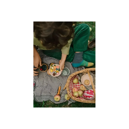 Geflechtkorb aus weide gefüllt mit roten äpfeln und einer kleinen obstschale für den einsatz als picknickkorb