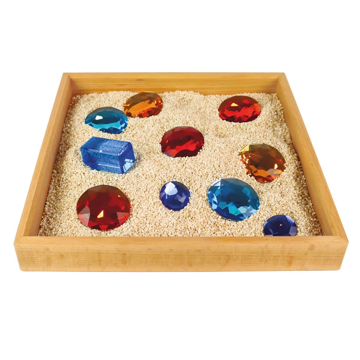 Holztablett mit bunten Edelsteinen im Sand, Spieltablett 27,5 x 27,5 x 6 cm