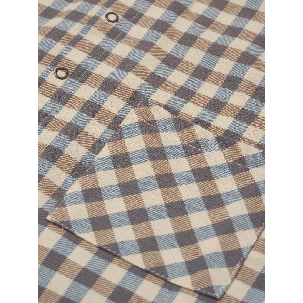 Blaue, braune und cremefarbene Karo-Flanellhemd mit Brusttasche im Gingham Lodge Stil