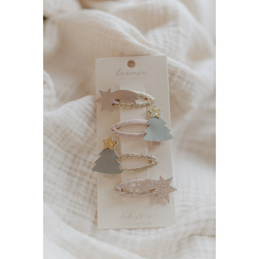 Vier Haaraccessoires mit Weihnachtsbaum und Stern-Design für festlichen Look