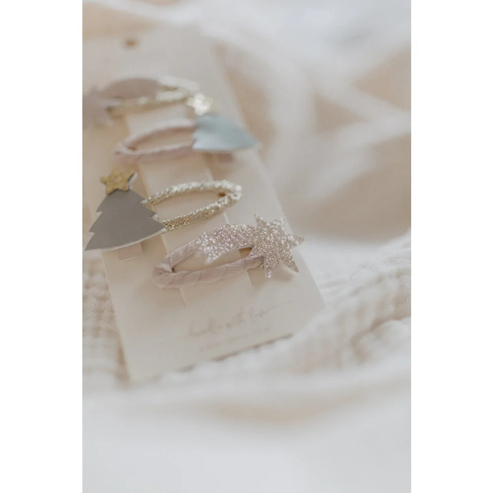 Festive Haarspangen mit Weihnachtsbaum und Stern Designs, glittery und solid styles