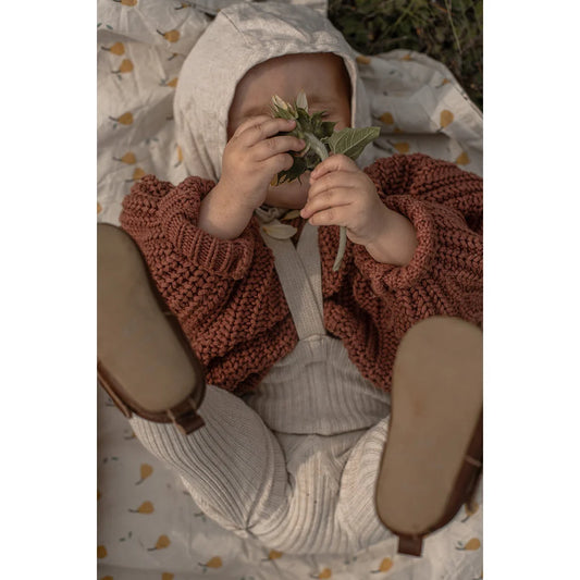 Baby in rust-colored sweater and white pants holding green leaves, showcasing Hippy Strumpfhosen