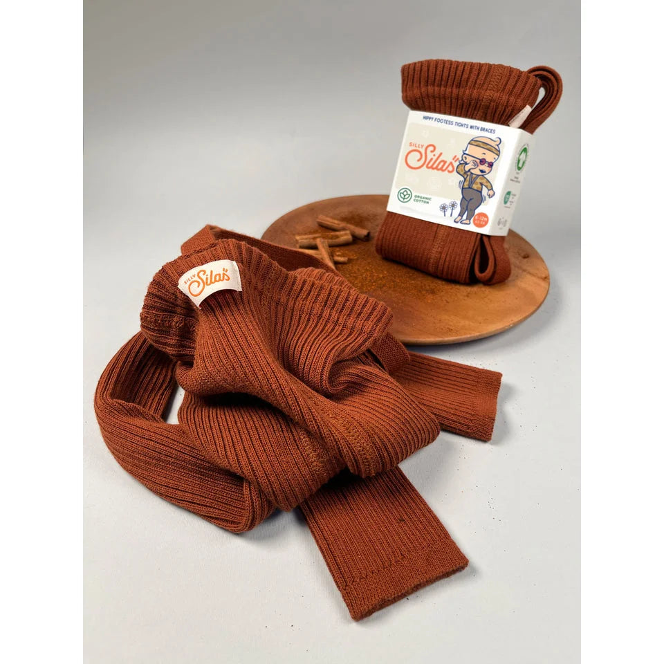 Rustfarbene Rippenstrumpfhose Hippy Footless mit Träger, Cinnamon, Billy Sillas Cartoon-Label