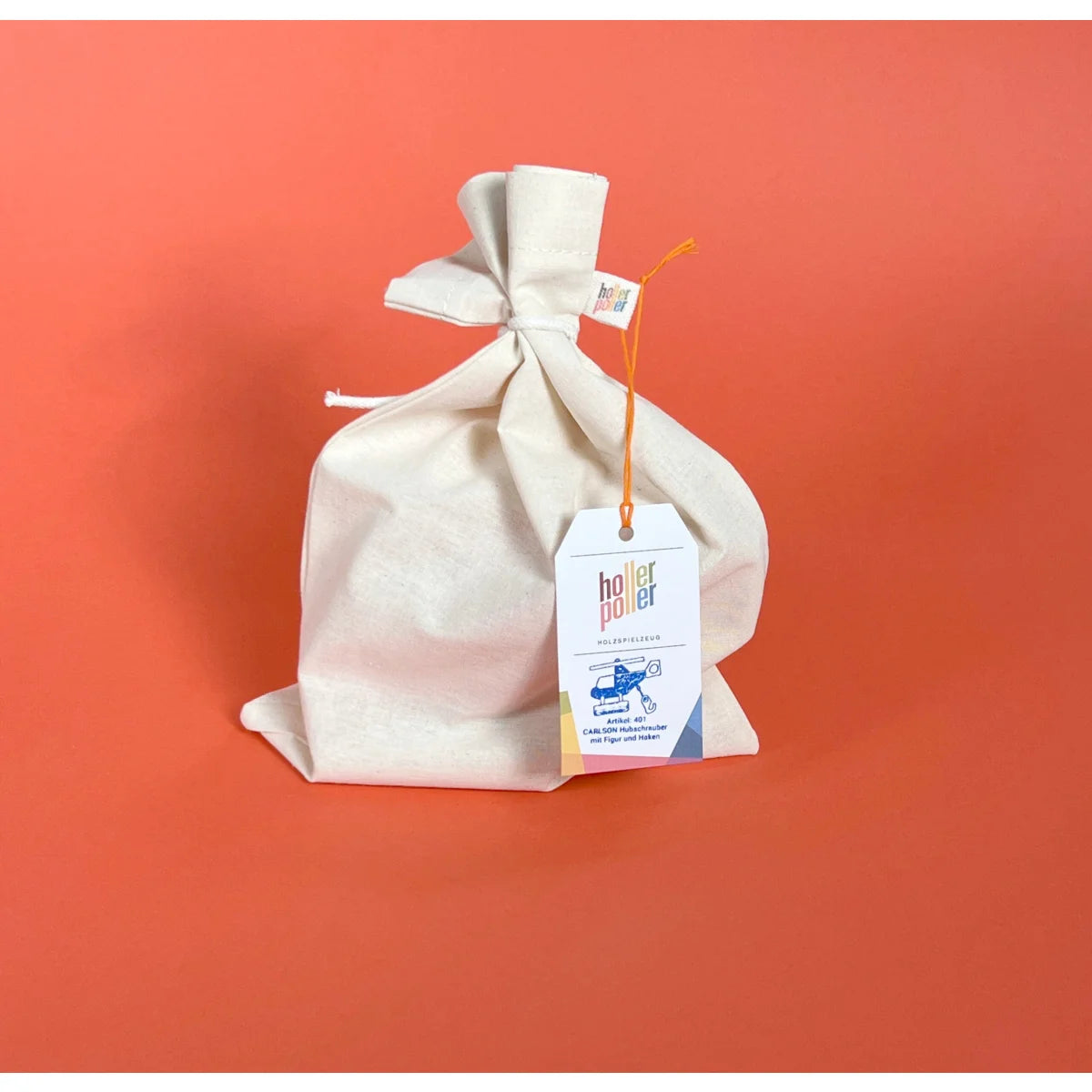 Beige Canvas-Drawstring-Bag mit weißem Band und Tag für Hubschrauber CARLSON