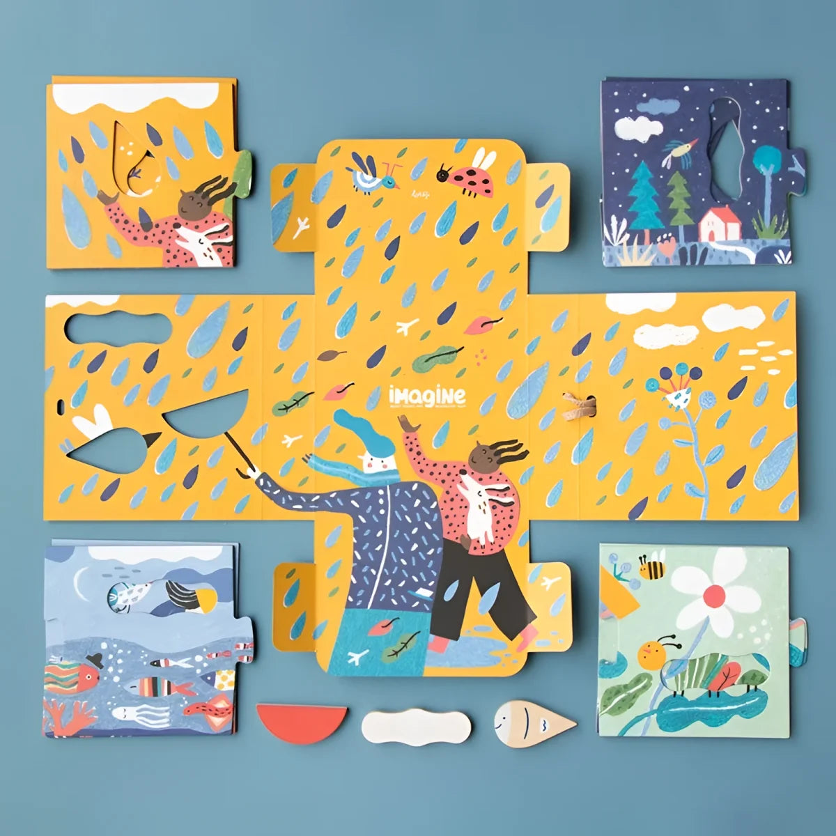 Bunte illustrierte Puzzlestücke mit verspielten Natur- und Tierdesigns für Imagine Puzzle
