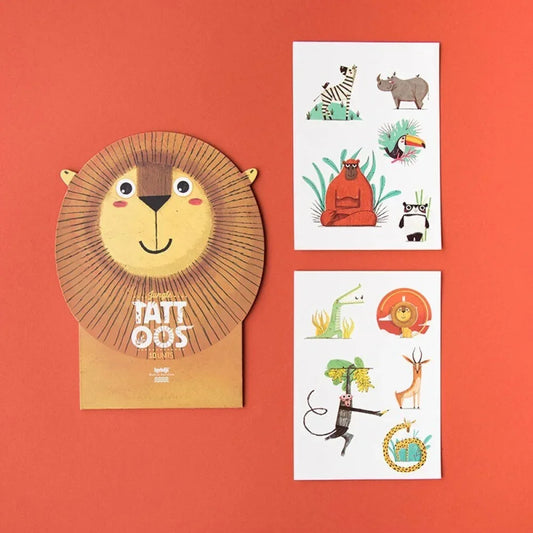 Fröhliches Cartoon-Löwen-Tattoo-Set Jungle Tattoos aus Karton