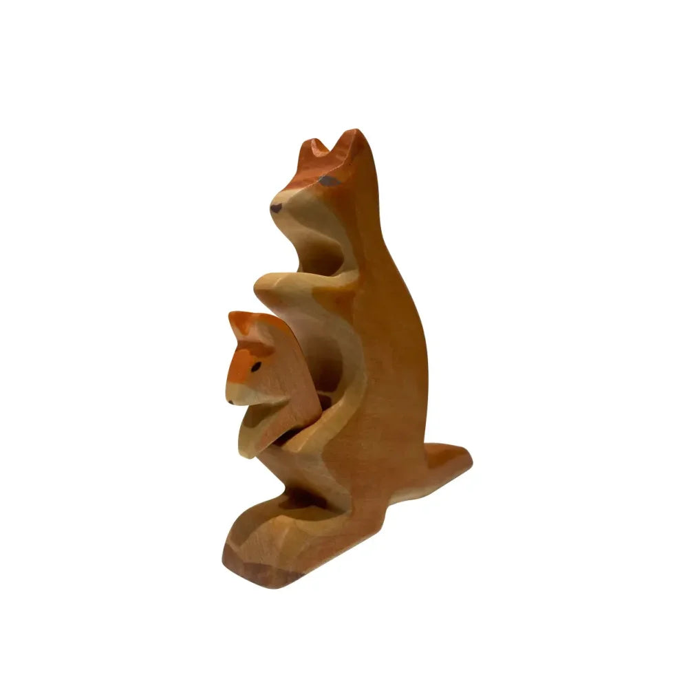 Carvierte Holz-Känguru mit Baby Figur, handgefertigt für Dekoration und Sammlerzwecke