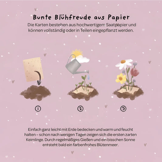 Eine zarte, illustrierte samenpapierkarte alles gute zum geburtstag zum pflanzen für ökologische baby- & kinderprodukte