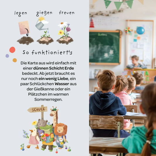 Karte back-to-school fuchs zeigt nachhaltige babykleidung schweiz mit pflanzenanbau und kindern im klassenzimmer