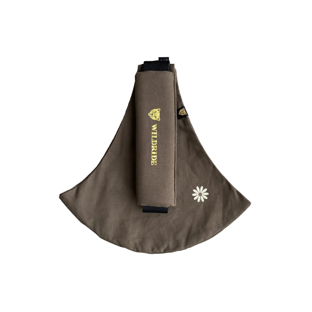 Brauner Fahrradsattelschutz mit gelbem Logo und Blumendetails für Kindertrage Coffee Daisy Limited