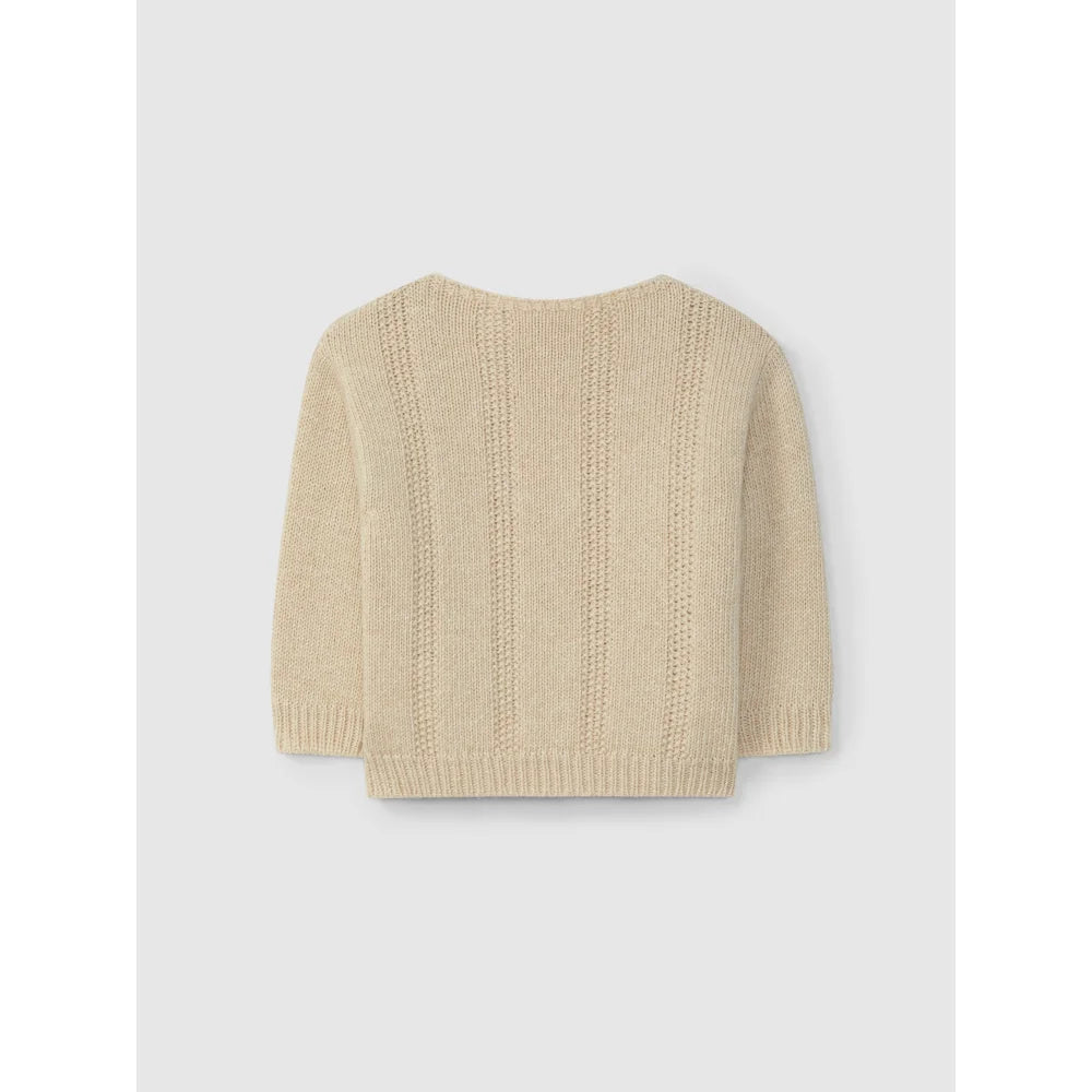 Beige gestrickter Pullover mit vertikalen Lochmustern, Modell Knittted Sweater Sand