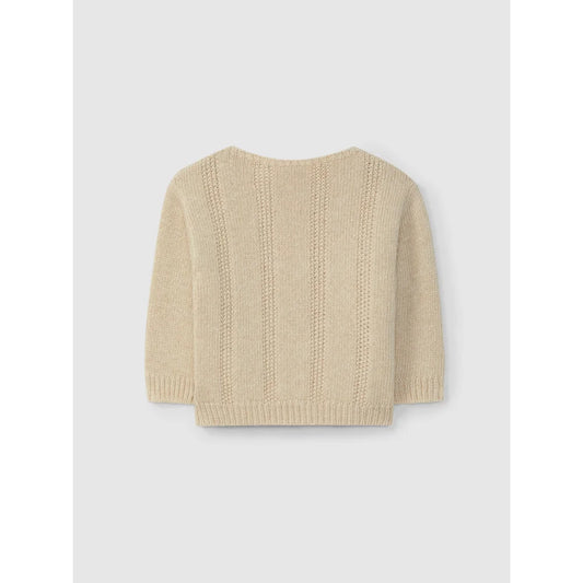 Beige gestrickter Pullover mit vertikalen Lochmustern, Modell Knittted Sweater Sand