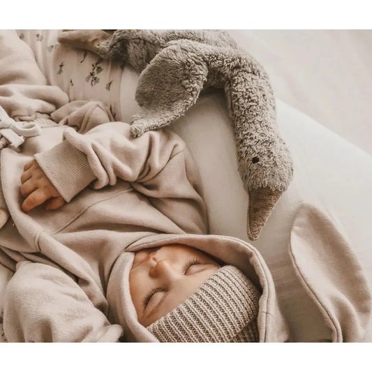 Schlafendes Baby in neutralen Decken mit Kuscheltier Gans grau nebenan