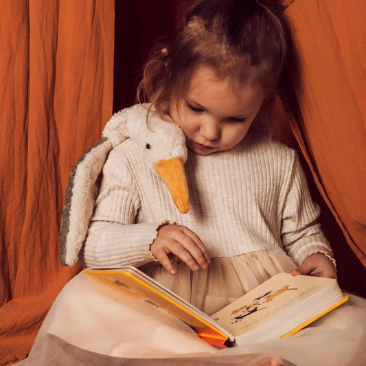 Young child reading a book with a plush duck, Cuddly Toy Seagull Small